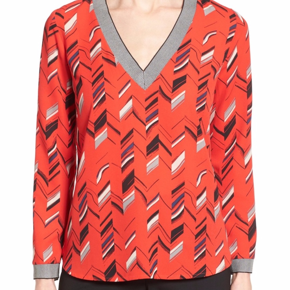 Halogen Rib Trim Chevron Print Top Blouse NWT